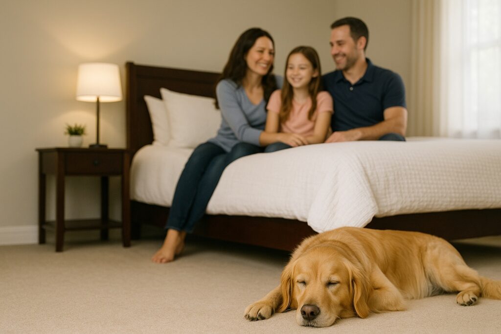 Family and Dog Relaxing After Safe Bed Bug Treatment