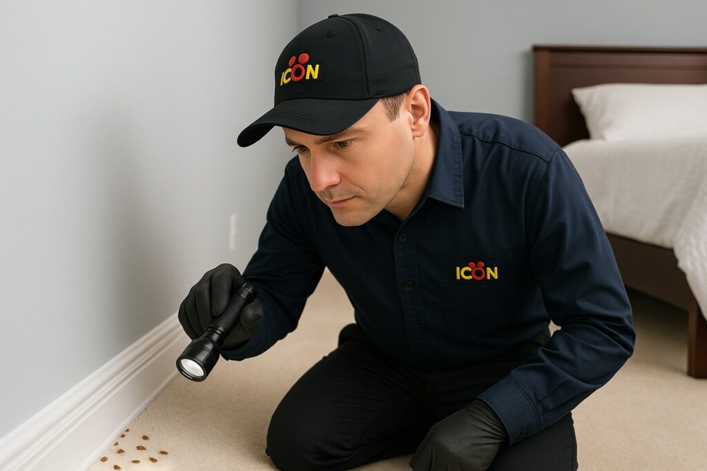 Technician Inspecting Baseboards for Bed Bugs